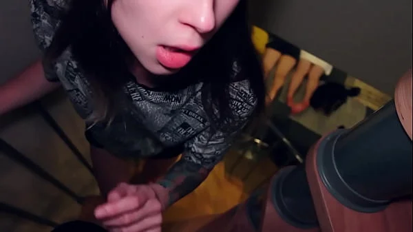 Stepsister gives stepbrother a blowjob while parents watch porn